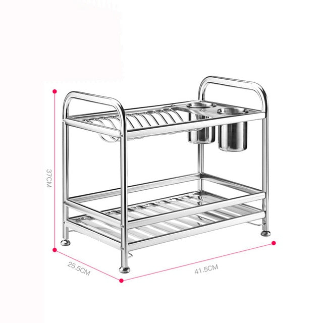 2 Tier Stainless Steel Drying Dish Rack Kitchen Organizer Drainer Plate Holder Cutlery Storage Shelf Sink Folks Accessories