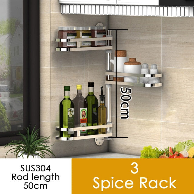 304 Stainless Steel Kitchen Shelf Wall Mounted Rack Organizer Tools Rotatable Spice Jar Storage Racks Kitchen Hanging Shelfs