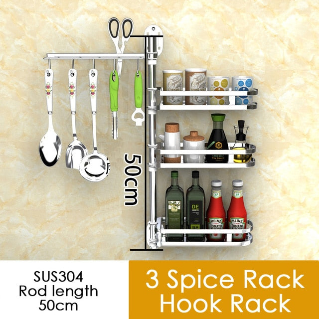 304 Stainless Steel Kitchen Shelf Wall Mounted Rack Organizer Tools Rotatable Spice Jar Storage Racks Kitchen Hanging Shelfs
