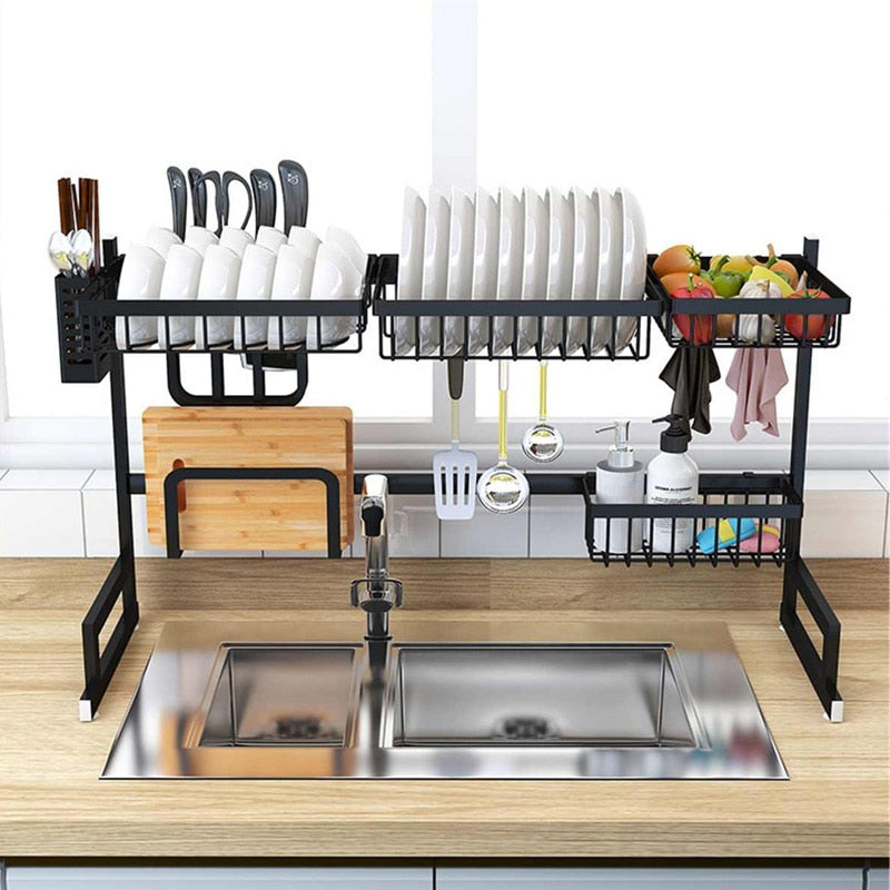 65/85cm Kitchen Shelf Storage Holders Over Sink Stainless Steel Bowl Dish Rack Organizer Utensils Storage Supplies In Black