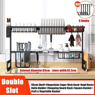 65/85cm Kitchen Sink Stainless Steel Bowl Dish Rack Organizer Shelf Storage Holders Utensils Storage Supplies In Black