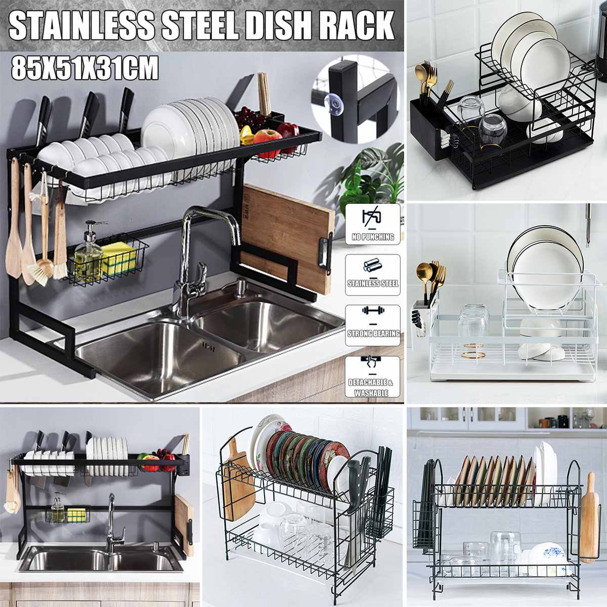 Aluminium Alloy Dish Rack Kitchen Organizer Storage Drainer Drying Plate Shelf Sink Supplies Knife and Fork Container