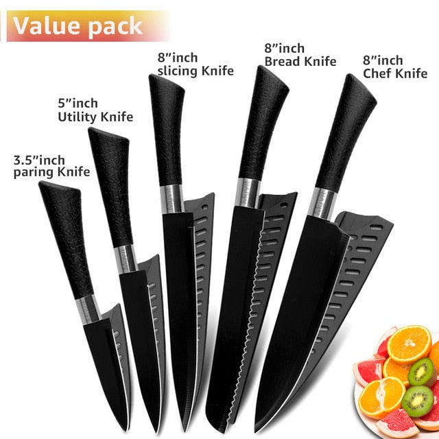 Chef Knives Stainless Steel Knives Tools Black Blade Paring Utility Santoku Chef Slicing Bread Kitchen Accessories Set Tools