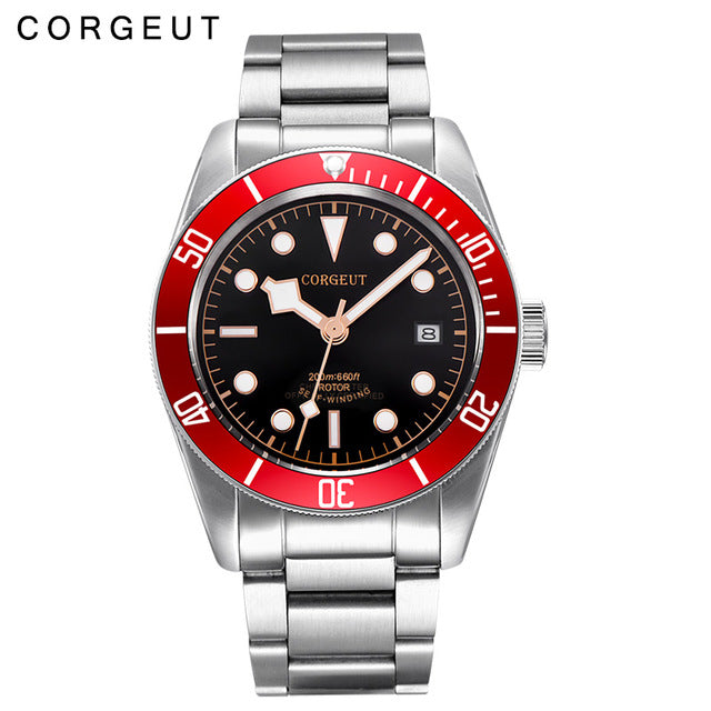 Corgeut Luxury Brand Schwarz Bay Men Automatic Mechanical Watch Military Sport Swim Clock Leather Mechanical Wrist Watches 2010C