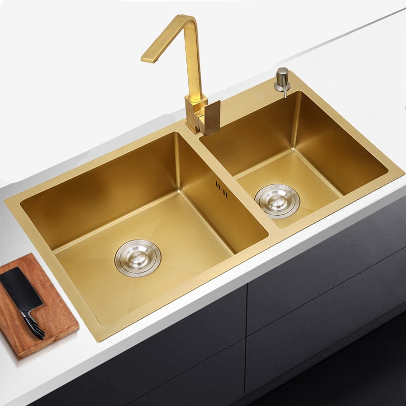 Golden kichen sink Stainless Steel double bowl above counter or udermount Vegetable Washing Sinks kitchen Golden 1.2mm gold sink