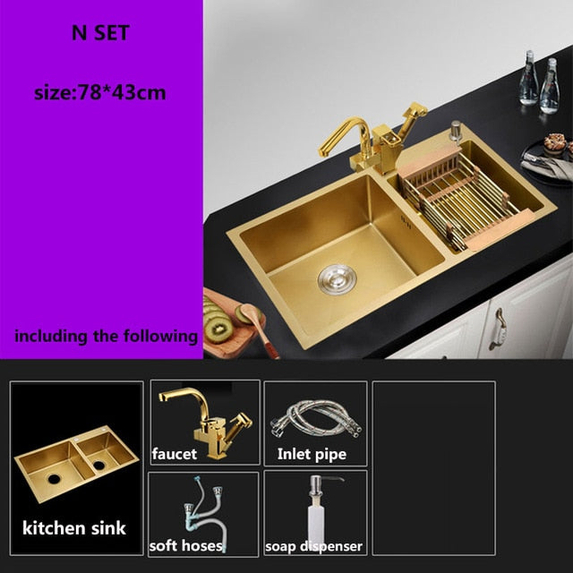 Golden kichen sink Stainless Steel double bowl above counter or udermount Vegetable Washing Sinks kitchen Golden 1.2mm gold sink