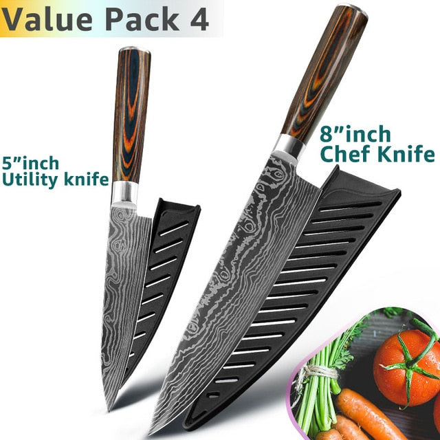 Kitchen Knife 8 Inch Japanese Chef Knives 7CR17 440C Stainless Steel Set Laser Damascus Drawing Slicer Meat Santoku Cleaver Tool