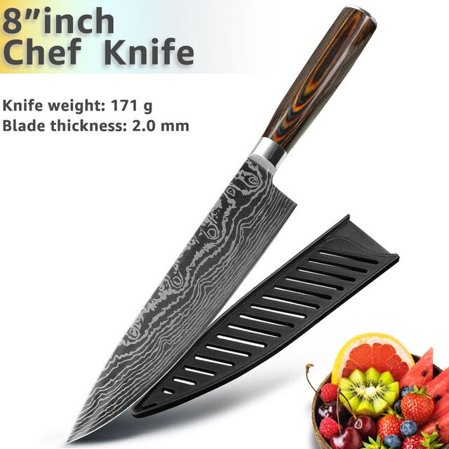 Kitchen Knives 8 Inch Japanese Chef 7CR17 440C Gyuto Stainless Steel Damascus Drawing Meat Cleaver Slicer Santoku Cutter Set