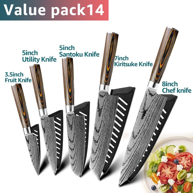 Kitchen knife Chef Knives Japanese 7CR17 440C High Carbon Stainless Steel Imitation Damascus Sanding Laser Knife