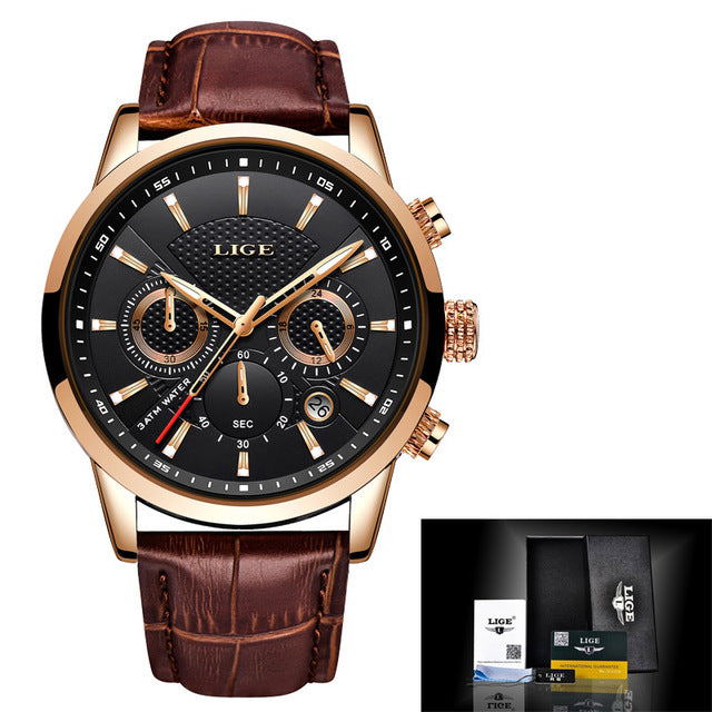 LIGE Fashion Mens Watches Top Brand Luuxury Blue Quartz Clock Male Casual Leather Waterproof Sport Chronograph Relogio Masculino