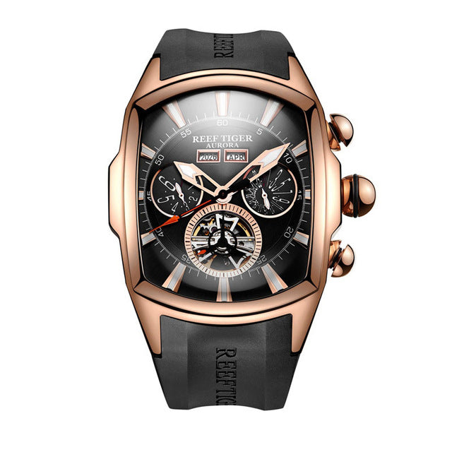 Reef Tiger/RT Luxury Watches Men's Tourbillon Analog Automatic Watch Rose Gold Tone Sport Wrist Watch Rubber Strap RGA3069