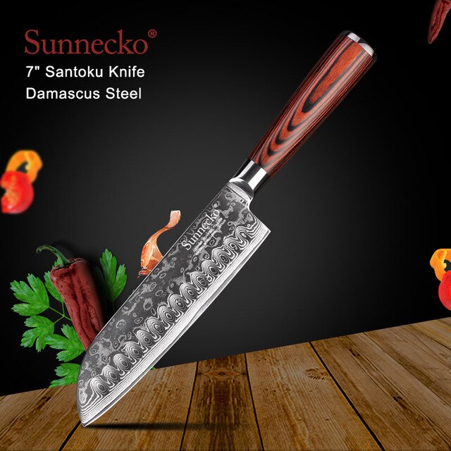 SUNNECKO Santoku Knife Japanese 73-Layers Damascus Steel Kitchen Knives Pakka Wood Handle Utility Chef Slicing Paring Cut Tools