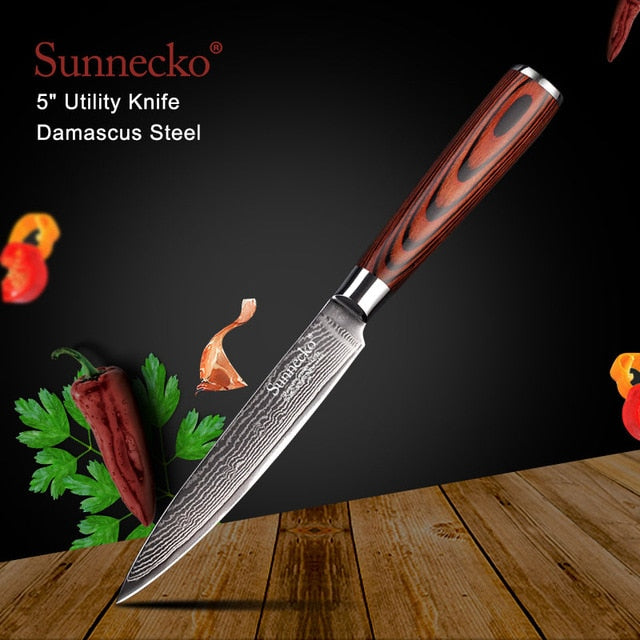 SUNNECKO Santoku Knife Japanese 73-Layers Damascus Steel Kitchen Knives Pakka Wood Handle Utility Chef Slicing Paring Cut Tools