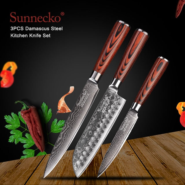 SUNNECKO Santoku Knife Japanese 73-Layers Damascus Steel Kitchen Knives Pakka Wood Handle Utility Chef Slicing Paring Cut Tools