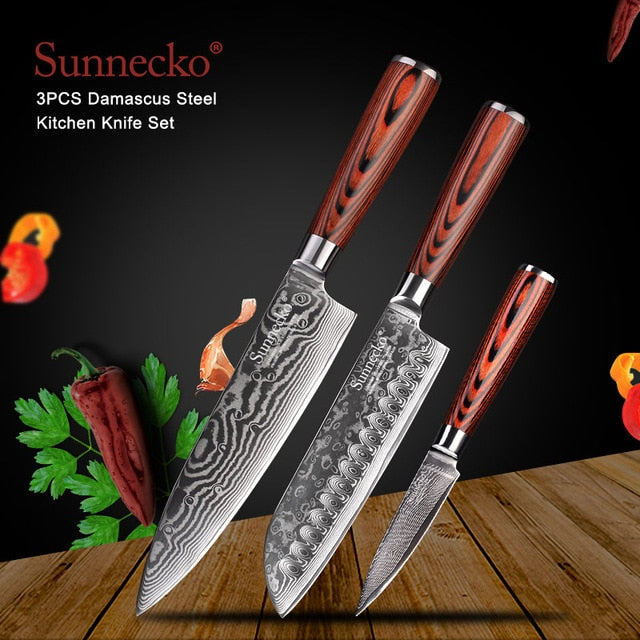 SUNNECKO Santoku Knife Japanese 73-Layers Damascus Steel Kitchen Knives Pakka Wood Handle Utility Chef Slicing Paring Cut Tools