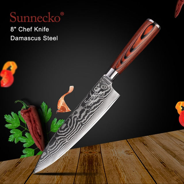 SUNNECKO Santoku Knife Japanese 73-Layers Damascus Steel Kitchen Knives Pakka Wood Handle Utility Chef Slicing Paring Cut Tools