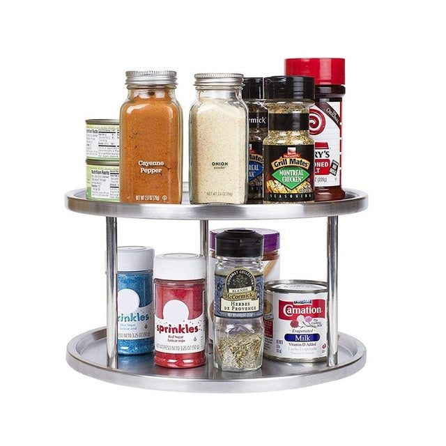 Spice Rack Stainless Steel Organizer Tray Turntable Rotating 2 Level Tabletop Stand For Dining Table Kitchen Counters Cabinets