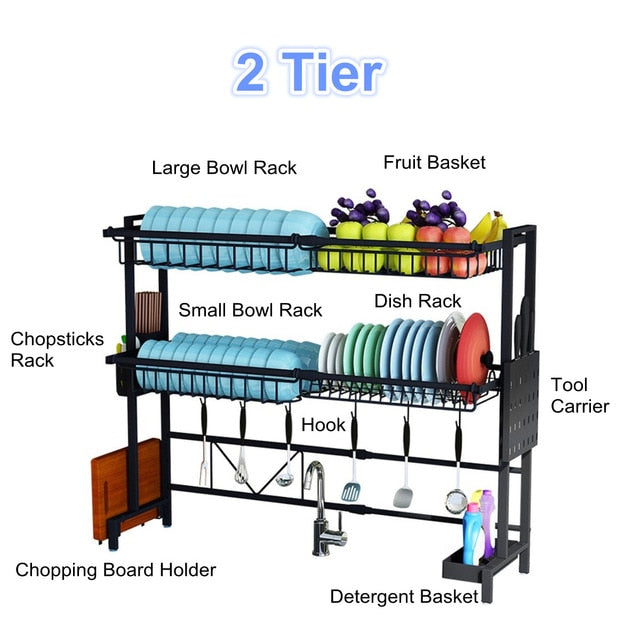 1/2Tier Multi-use Stainless Steel Dishes Rack Dual Sink Drain Rack Adjustable Kitchen Oragnizer Rack Dish Shelf Sink Drying Rack