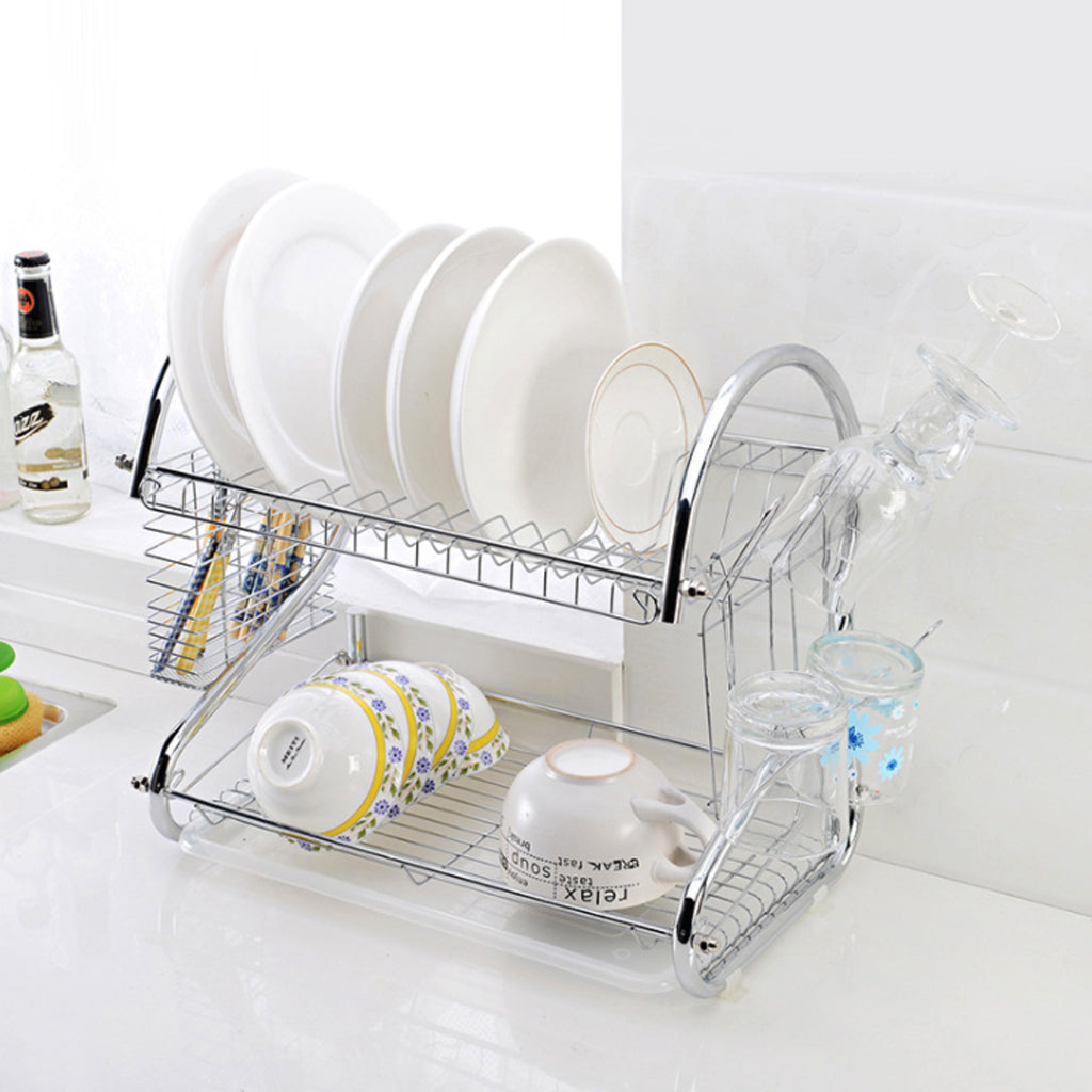 2 Layer Dish Rack Dish Drain Rack Storage Dish Knife Fork Glass Drying Rack Household Washing Large Kitchen Sink Dish Drain Rack