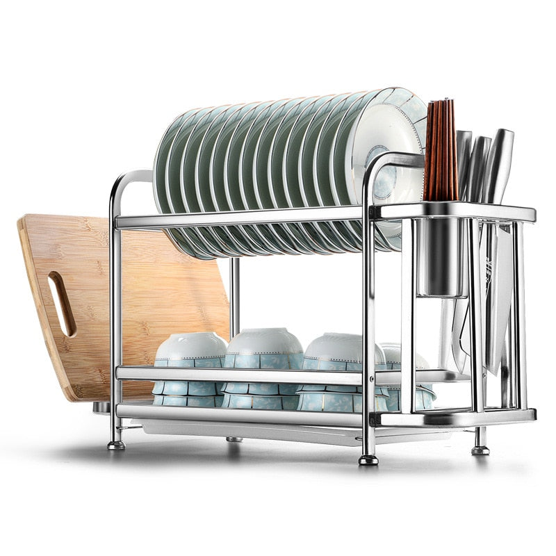 2 Tier Stainless Steel Drying Dish Rack Kitchen Organizer Drainer Plate Holder Cutlery Storage Shelf Sink Folks Accessories