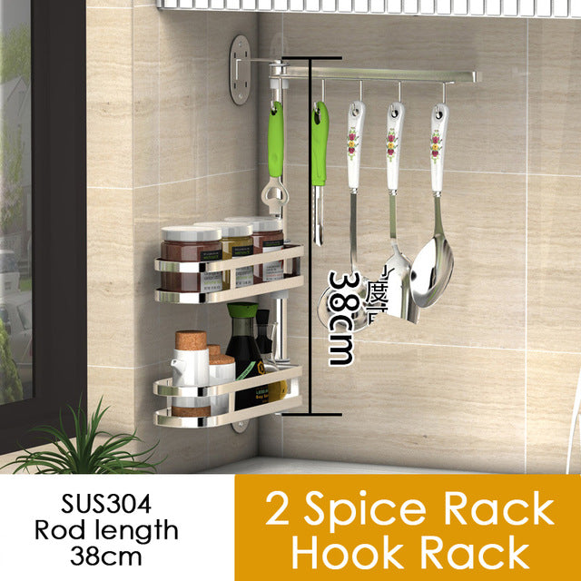 304 Stainless Steel Kitchen Shelf Wall Mounted Rack Organizer Tools Rotatable Spice Jar Storage Racks Kitchen Hanging Shelfs