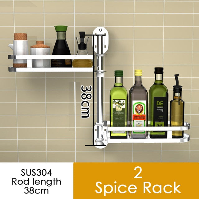 304 Stainless Steel Kitchen Shelf Wall Mounted Rack Organizer Tools Rotatable Spice Jar Storage Racks Kitchen Hanging Shelfs