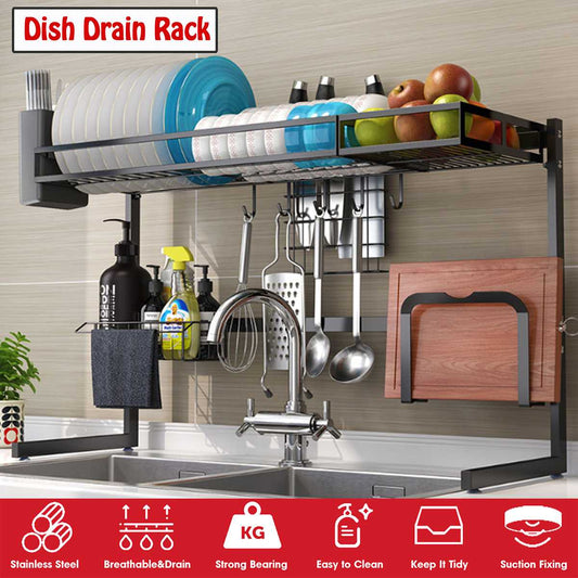 65/85cm Bowl Dish Dry Rack Stainless Steel Over Sink Kitchen Organizer Storage Shelf Holder Utensils Storage Organizer in Black