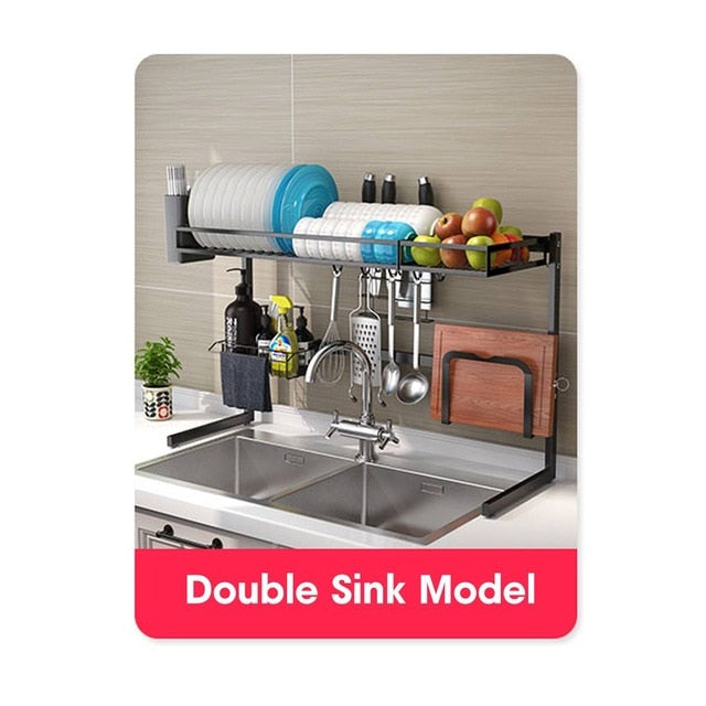 65/85cm Bowl Dish Dry Rack Stainless Steel Over Sink Kitchen Organizer Storage Shelf Holder Utensils Storage Organizer in Black