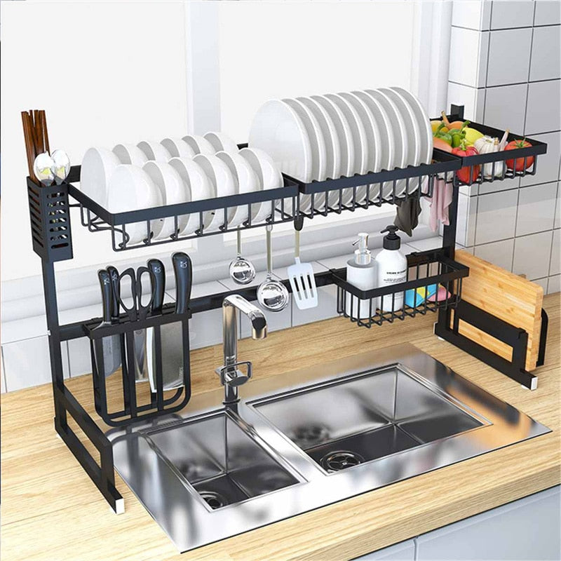 65/85cm Kitchen Sink Stainless Steel Bowl Dish Rack Organizer Shelf Storage Holders Utensils Storage Supplies In Black