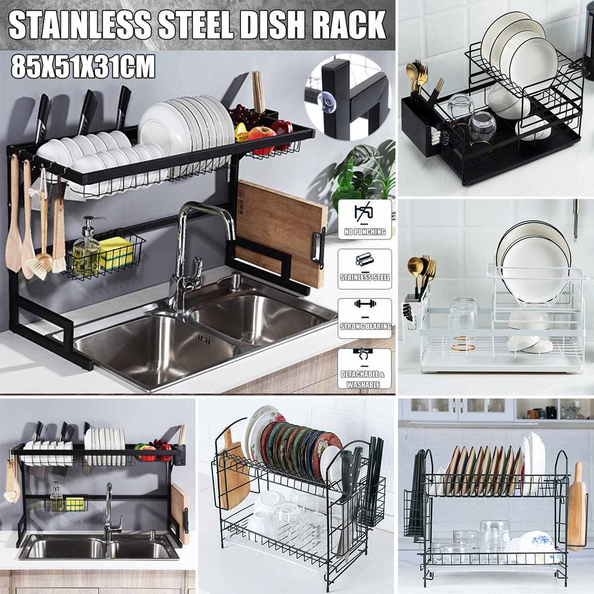 Aluminium Alloy Dish Rack Kitchen Organizer Storage Drainer Drying Plate Shelf Sink Supplies Knife and Fork Container