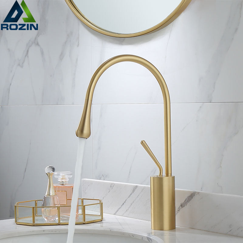 Brushed Golden Basin Faucet Single Lever 360 Rotation Spout Brass Mixer Tap For Kitchen Hot Cold Water Bathroom Basin Water Sink