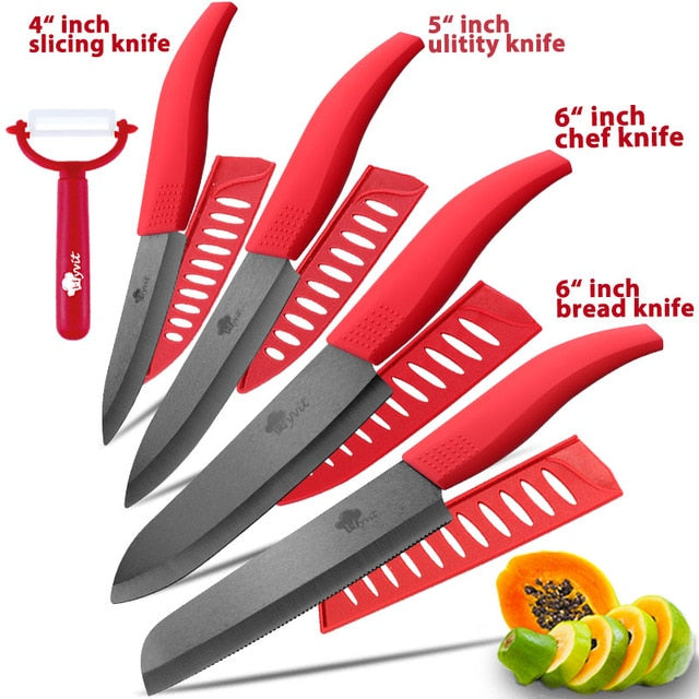 Ceramic Knife 3 4 5 inch + 6 inch Kitchen Knives Serrated Bread Set +Peeler Zirconia Black Blade Fruit Chef Knife Vege Cook Tool