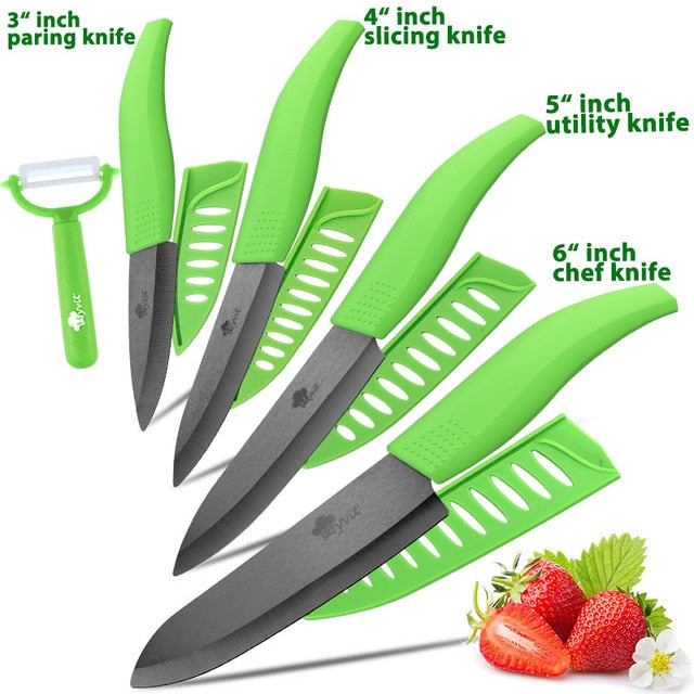 Ceramic Knife 3 4 5 inch + 6 inch Kitchen Knives Serrated Bread Set +Peeler Zirconia Black Blade Fruit Chef Knife Vege Cook Tool