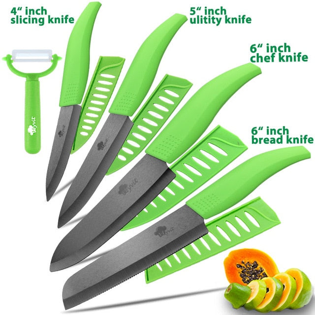 Ceramic Knife 3 4 5 inch + 6 inch Kitchen Knives Serrated Bread Set +Peeler Zirconia Black Blade Fruit Chef Knife Vege Cook Tool