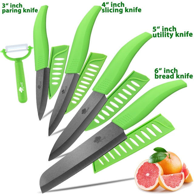 Ceramic Knife 3 4 5 inch + 6 inch Kitchen Knives Serrated Bread Set +Peeler Zirconia Black Blade Fruit Chef Knife Vege Cook Tool