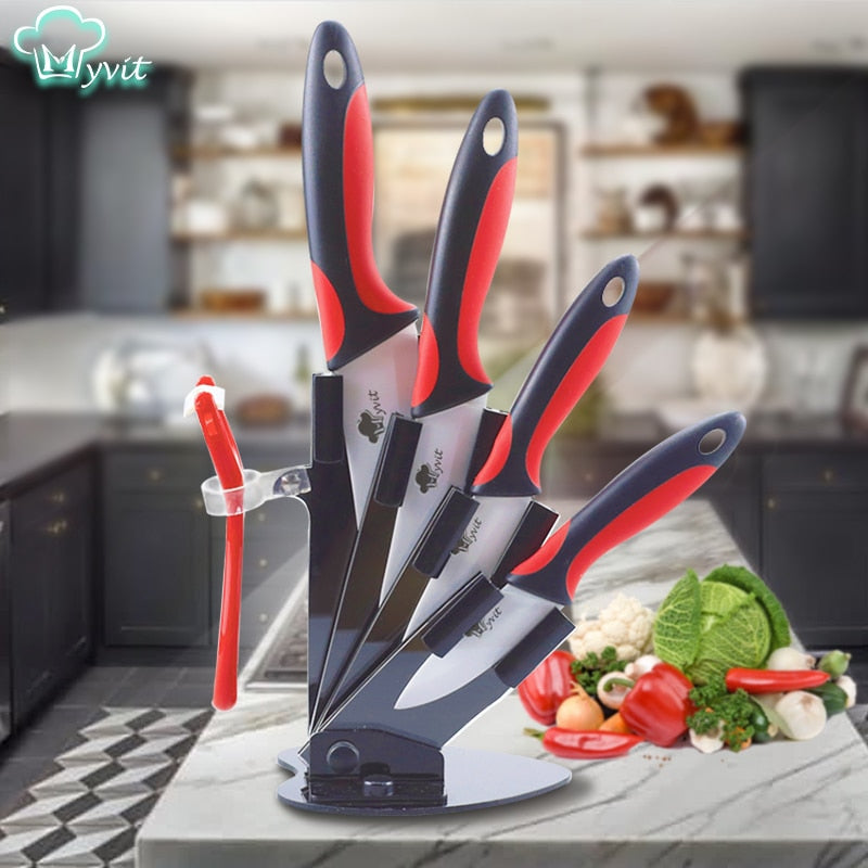 Ceramic Knife Kitchen Knives Holder Chef Slicing Utility Paring Knife White Blade 3 4 5 6 inch + Stand + Peeler Cooking Set