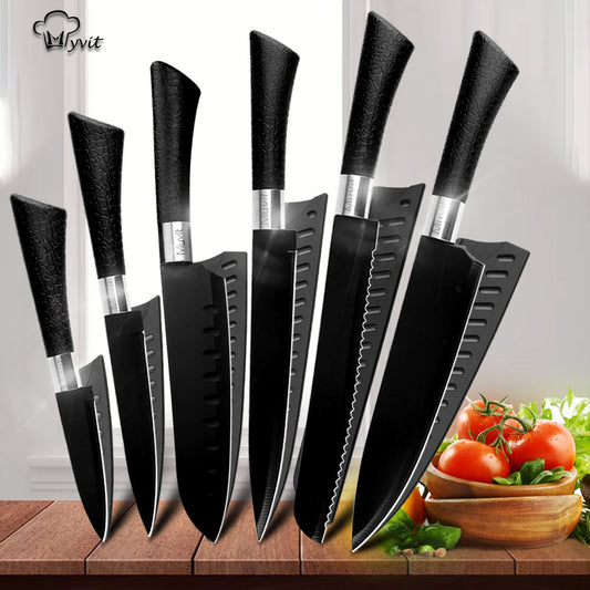 Chef Knives Stainless Steel Knives Tools Black Blade Paring Utility Santoku Chef Slicing Bread Kitchen Accessories Set Tools