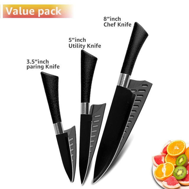 Chef Knives Stainless Steel Knives Tools Black Blade Paring Utility Santoku Chef Slicing Bread Kitchen Accessories Set Tools