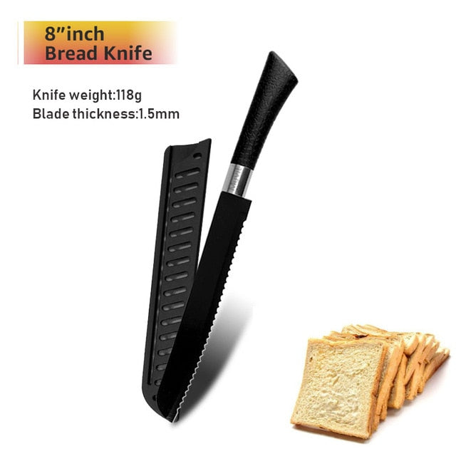 Chef Knives Stainless Steel Knives Tools Black Blade Paring Utility Santoku Chef Slicing Bread Kitchen Accessories Set Tools