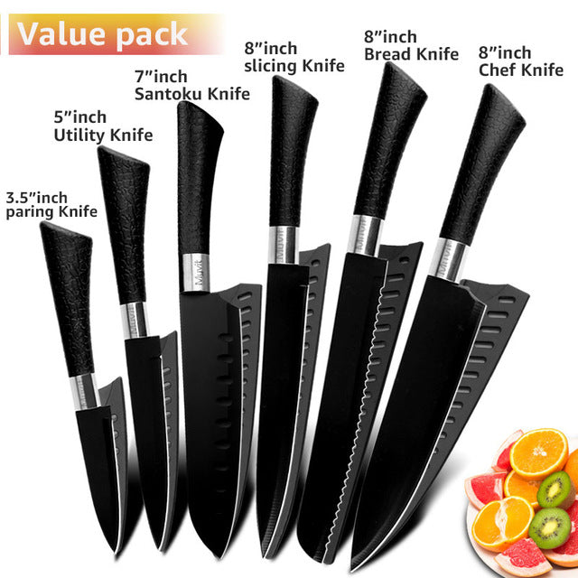 Chef Knives Stainless Steel Knives Tools Black Blade Paring Utility Santoku Chef Slicing Bread Kitchen Accessories Set Tools