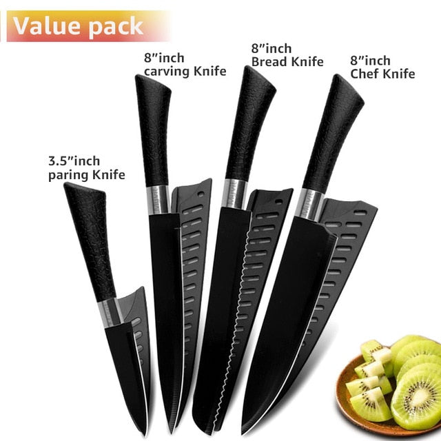 Chef Knives Stainless Steel Knives Tools Black Blade Paring Utility Santoku Chef Slicing Bread Kitchen Accessories Set Tools