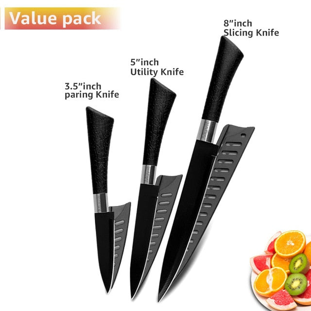Chef Knives Stainless Steel Knives Tools Black Blade Paring Utility Santoku Chef Slicing Bread Kitchen Accessories Set Tools