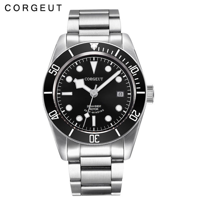 Corgeut Luxury Brand Schwarz Bay Men Automatic Mechanical Watch Military Sport Swim Clock Leather Mechanical Wrist Watches 2010C