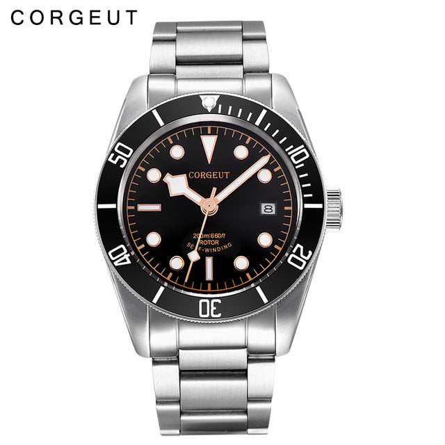 Corgeut Luxury Brand Schwarz Bay Men Automatic Mechanical Watch Military Sport Swim Clock Leather Mechanical Wrist Watches 2010C