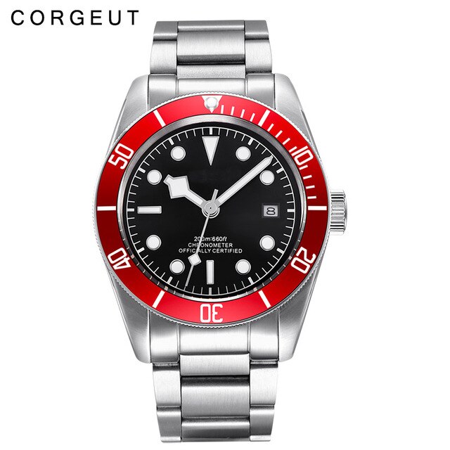 Corgeut Luxury Brand Schwarz Bay Men Automatic Mechanical Watch Military Sport Swim Clock Leather Mechanical Wrist Watches 2010C