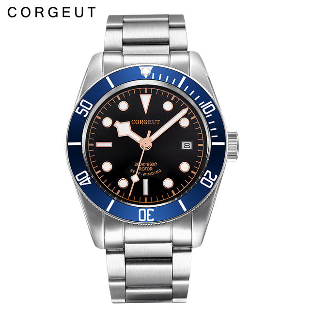 Corgeut Luxury Brand Schwarz Bay Men Automatic Mechanical Watch Military Sport Swim Clock Leather Mechanical Wrist Watches 2010C