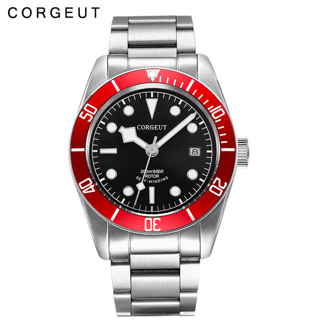Corgeut Luxury Brand Schwarz Bay Men Automatic Mechanical Watch Military Sport Swim Clock Leather Mechanical Wrist Watches 2010C
