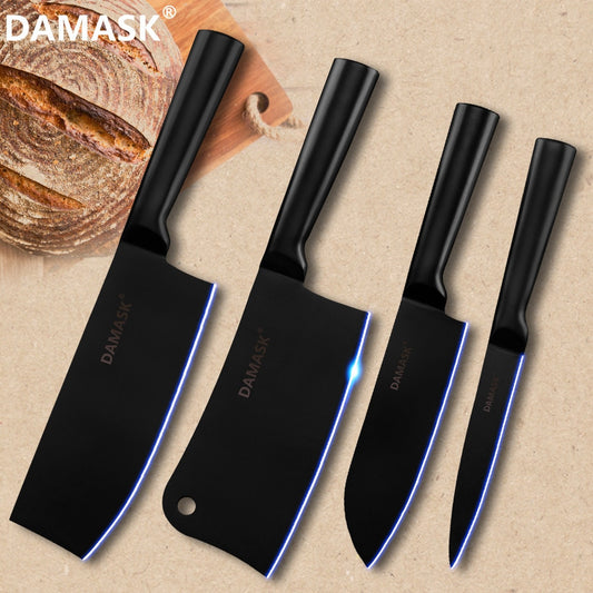 DAMASK Black Cleaver Stainless Steel Knife Set Chef 4Cr14mov Kitchen Knive Santoku Chopping Nakiri Utility Knife Cooking Tools