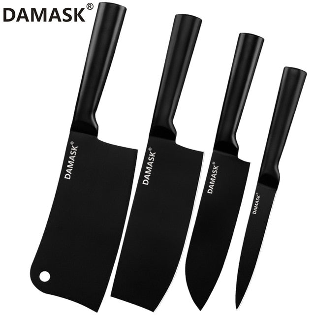 DAMASK Black Cleaver Stainless Steel Knife Set Chef 4Cr14mov Kitchen Knive Santoku Chopping Nakiri Utility Knife Cooking Tools