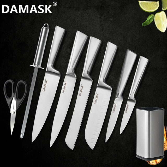DAMASK Brand Stainless Steel Kitchen Knife Set Chef Cooking Knives 3Cr13 High Hardness Blade Light Weight Handle Cleaver Gyutou